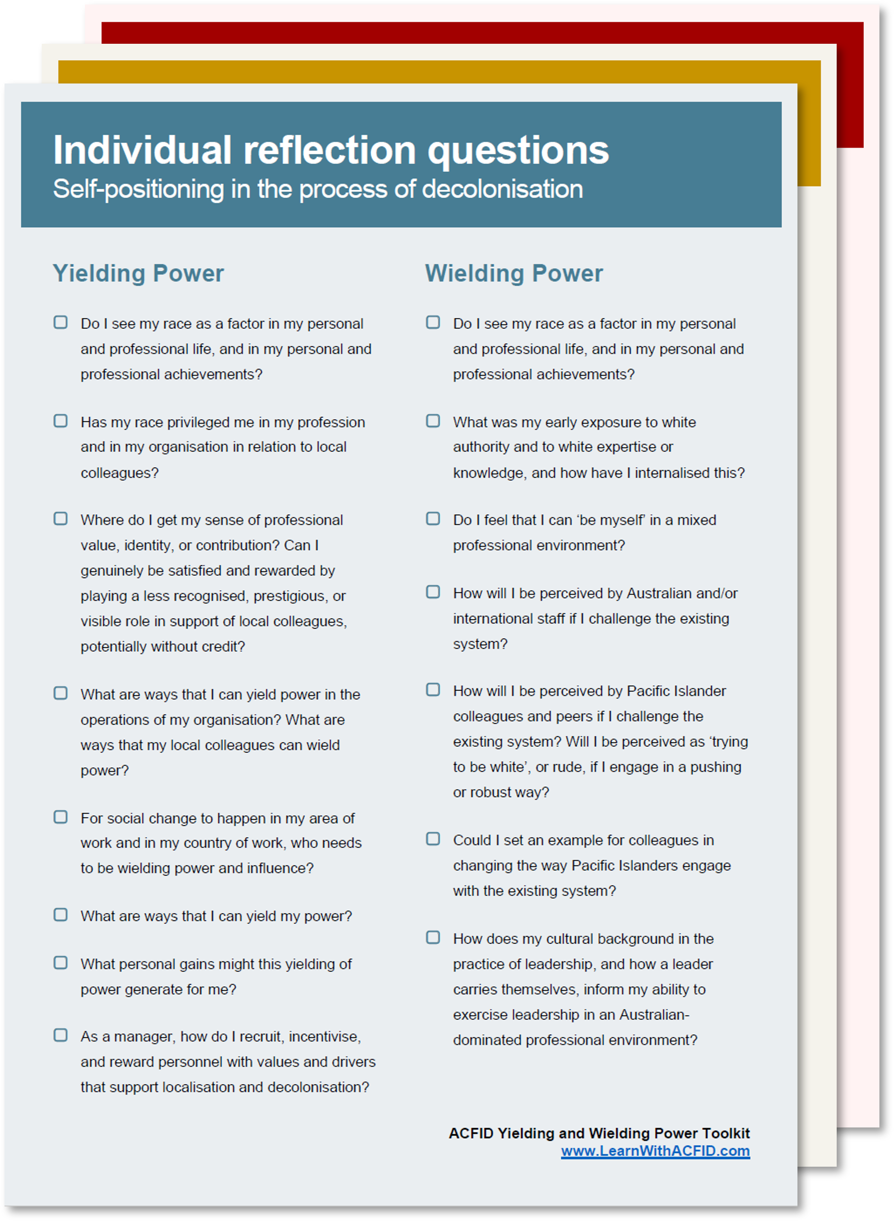Questions set for reflection at the individual level.